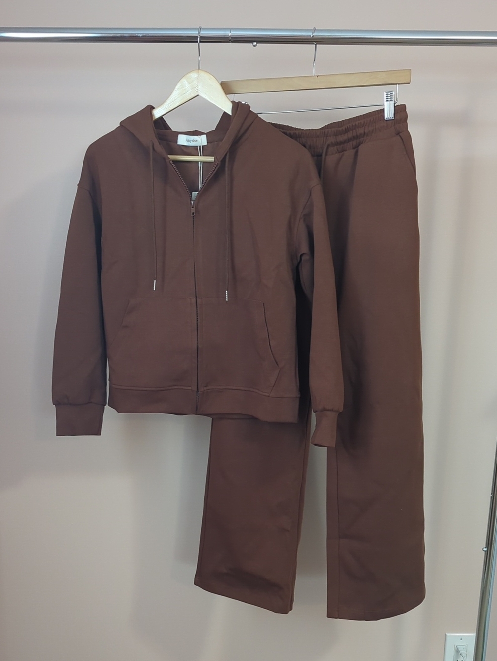 Women's Brown Cozy Zip Hoodie & Wide-Leg Sweatpants Set